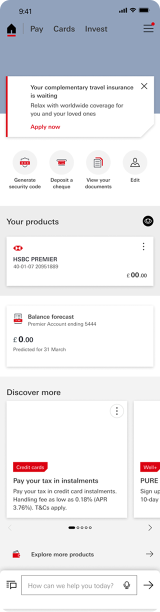 HSBC onboarding — Home dashboard
